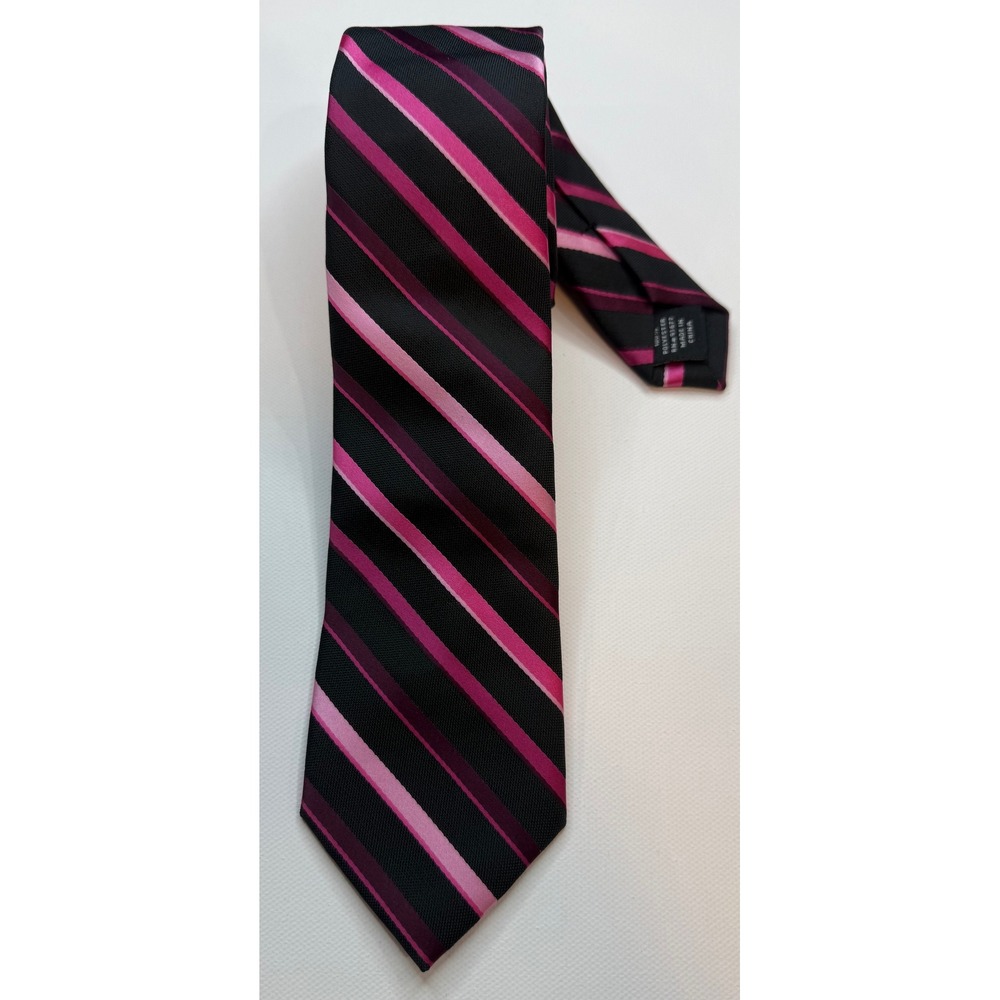 J.Ferrar Mens Necktie Black Pink Magenta Diagonal Striped Polyester Formal Tie